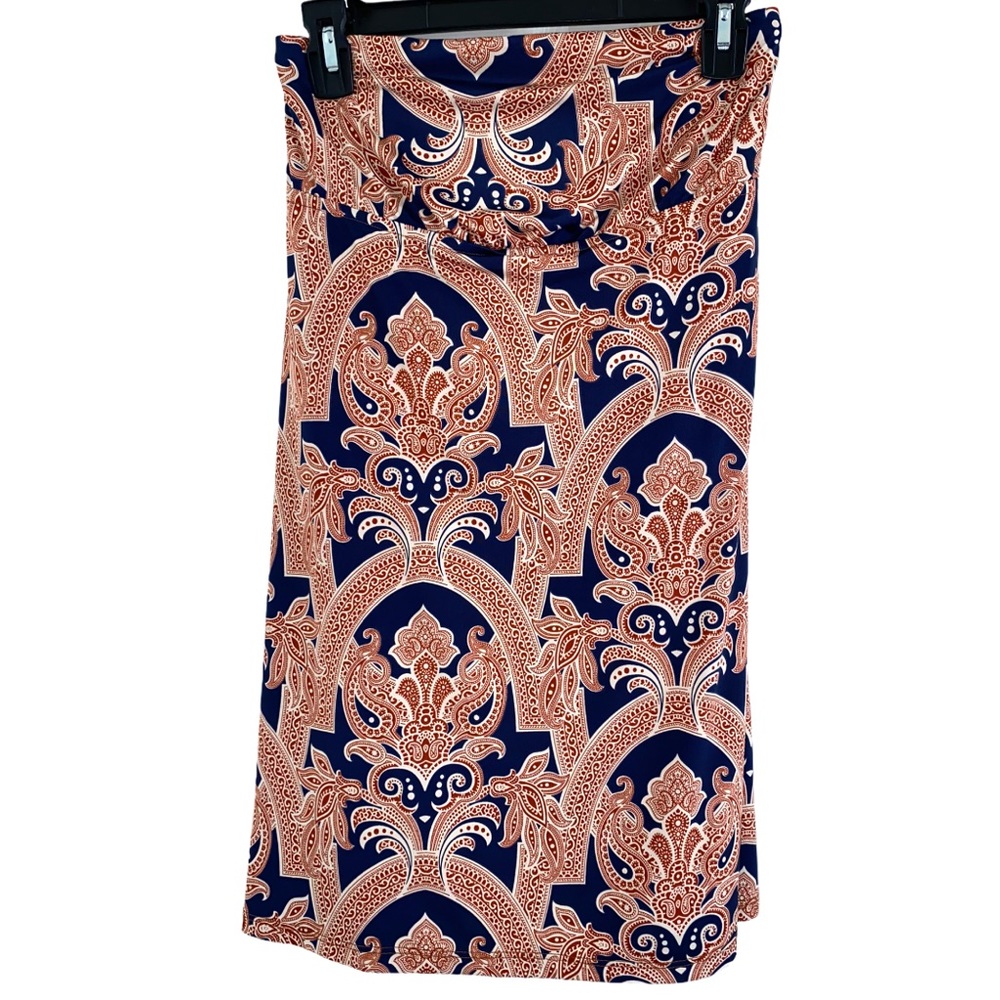 VERONICA M Peach & Blue Print Strapless Dress XS